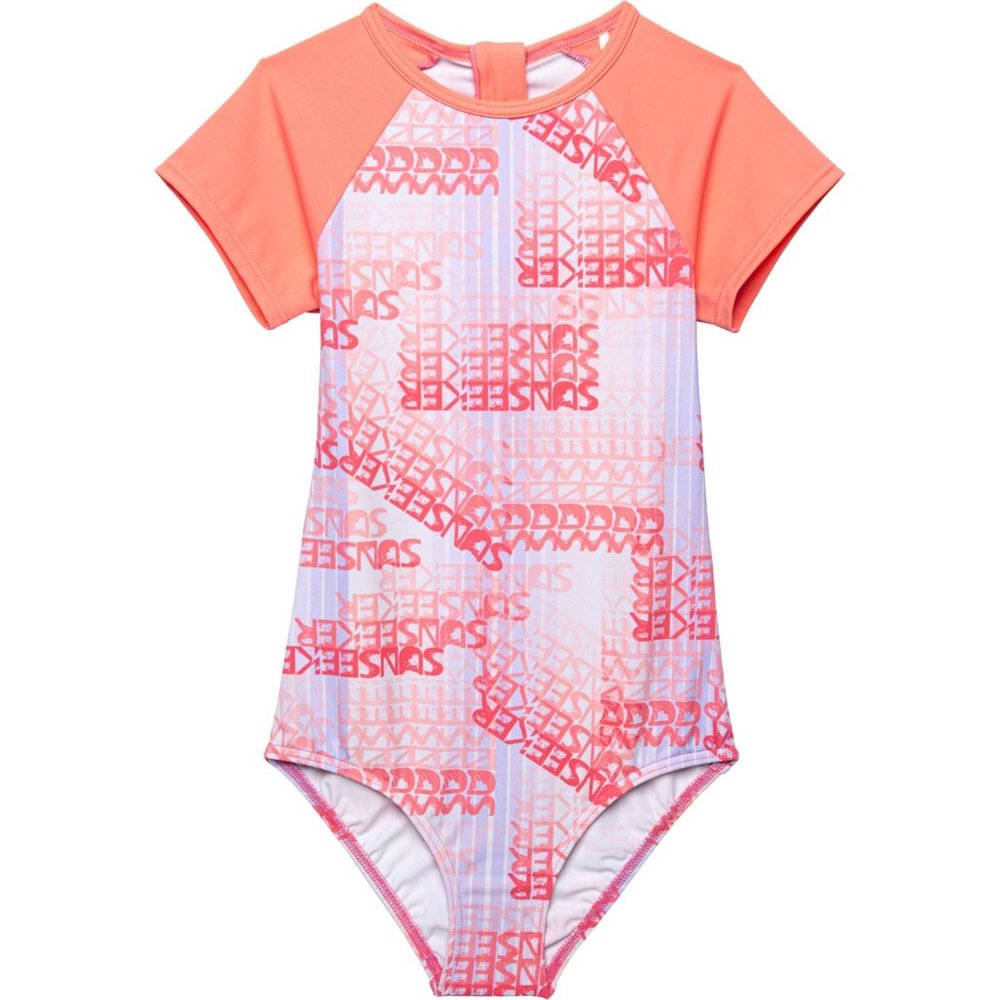 Sunseeker Girls One Piece Logo Print Rash Guard UPF Protection Zip Swimsuit NWT